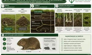 Karczownik w ogrodzie: niskie, nieregularne kopce, płytkie tunele, podgryzione korzenie. Zwierzę ma krępe ciało, tępy pysk, małe uszy, ciemnobrązowe futro.