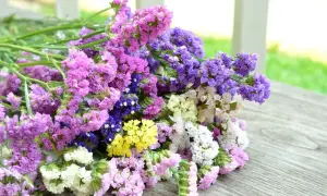Bukiet kolorowych kwiatów limonium w odcieniach różu, fioletu, bieli i żółci leży na drewnianym blacie.