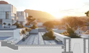 Nowoczesna wizualizacja ogrodu z geometryczną architekturą i drzewami w ciepłym świetle zachodzącego słońca. Przekrój ukazuje detale konstrukcyjne.