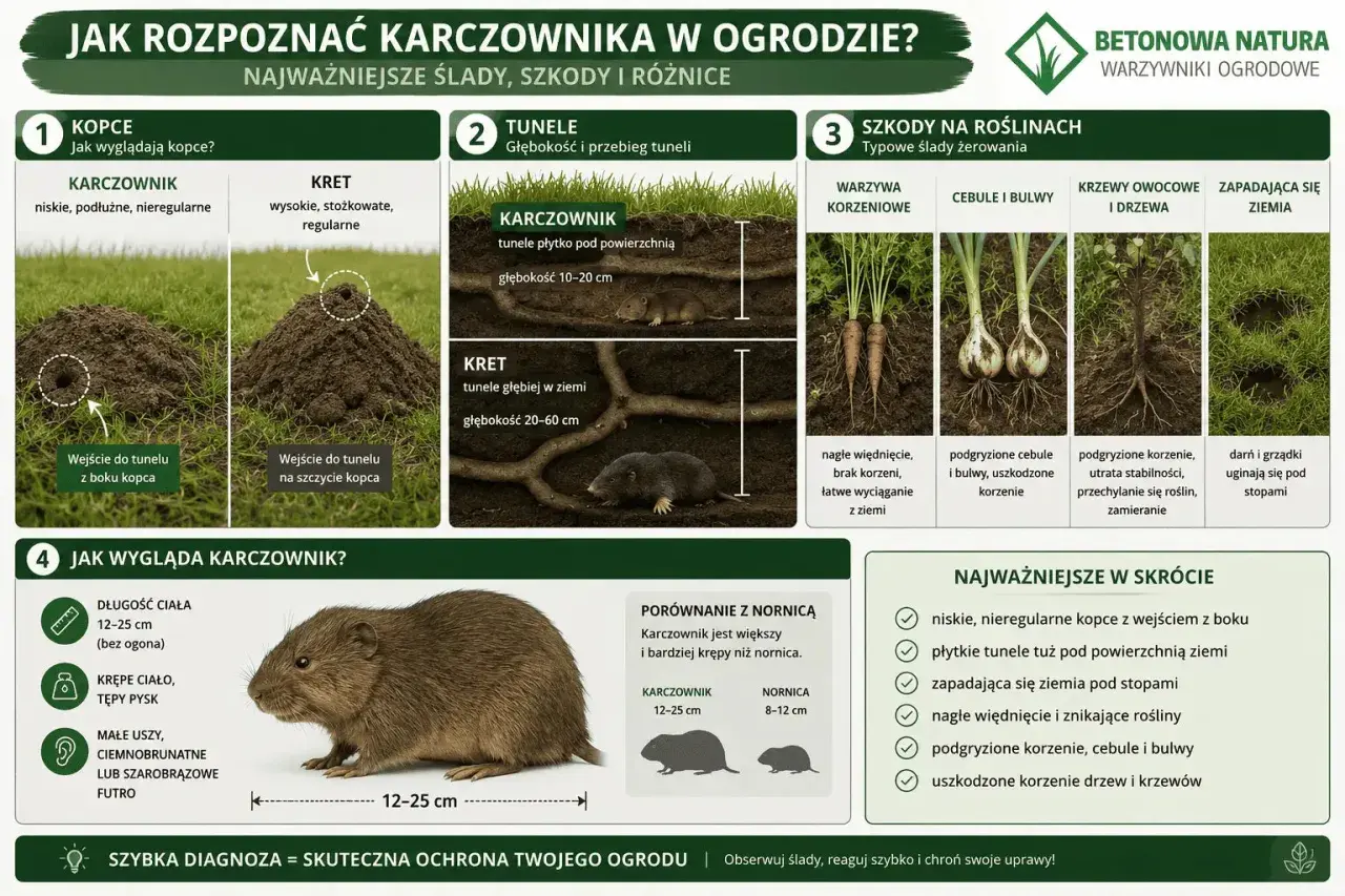 Karczownik w ogrodzie: niskie, nieregularne kopce, płytkie tunele, podgryzione korzenie. Zwierzę ma krępe ciało, tępy pysk, małe uszy, ciemnobrązowe futro.
