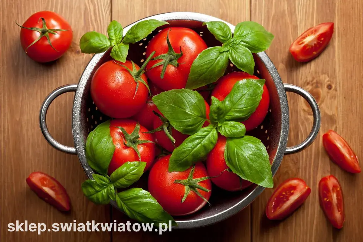 Świeże pomidory Adam i bazylia w durszlaku, gotowe na letnią sałatkę.