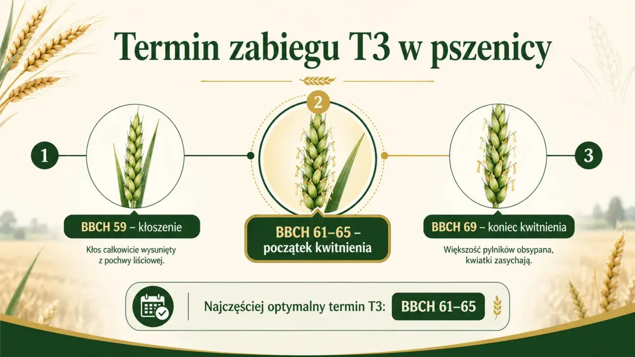 Grafika pokazuje etapy rozwoju kłosa pszenicy, od kłoszenia (BBCH 59) do końca kwitnienia (BBCH 69), z zaznaczonym optymalnym terminem zabiegu T3: BBCH 61-65.
