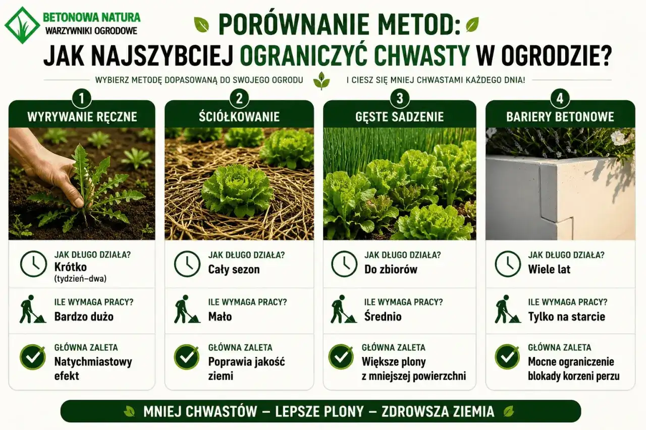 Porównanie metod ograniczania chwastów: ręczne usuwanie, ściółkowanie, gęste sadzenie i bariery betonowe. Ręczne usuwanie daje natychmiastowy efekt, ale wymaga dużo pracy.
