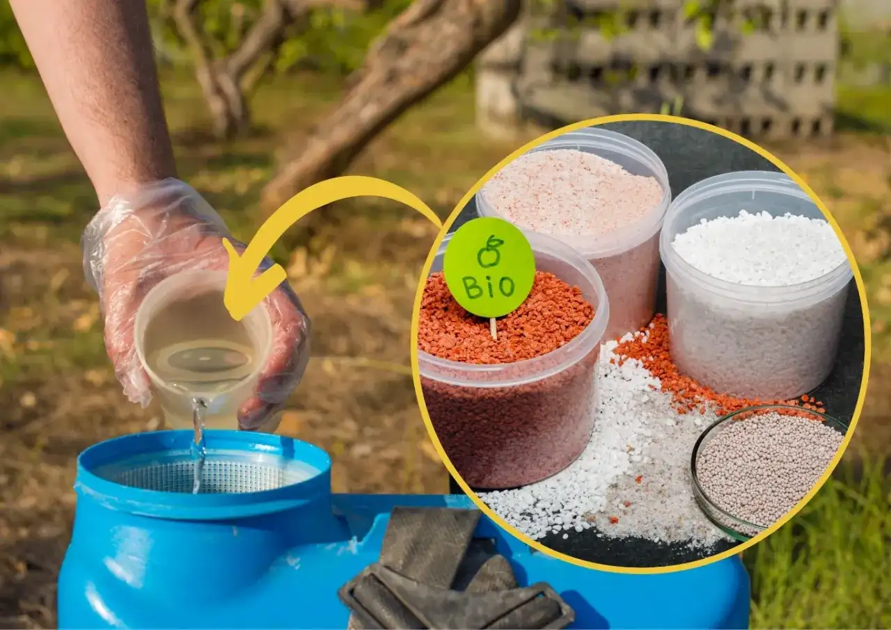 Przygotowanie oprysku z mocznikiem. W tle pojemniki z nawozami, w tym z etykietą "Bio".