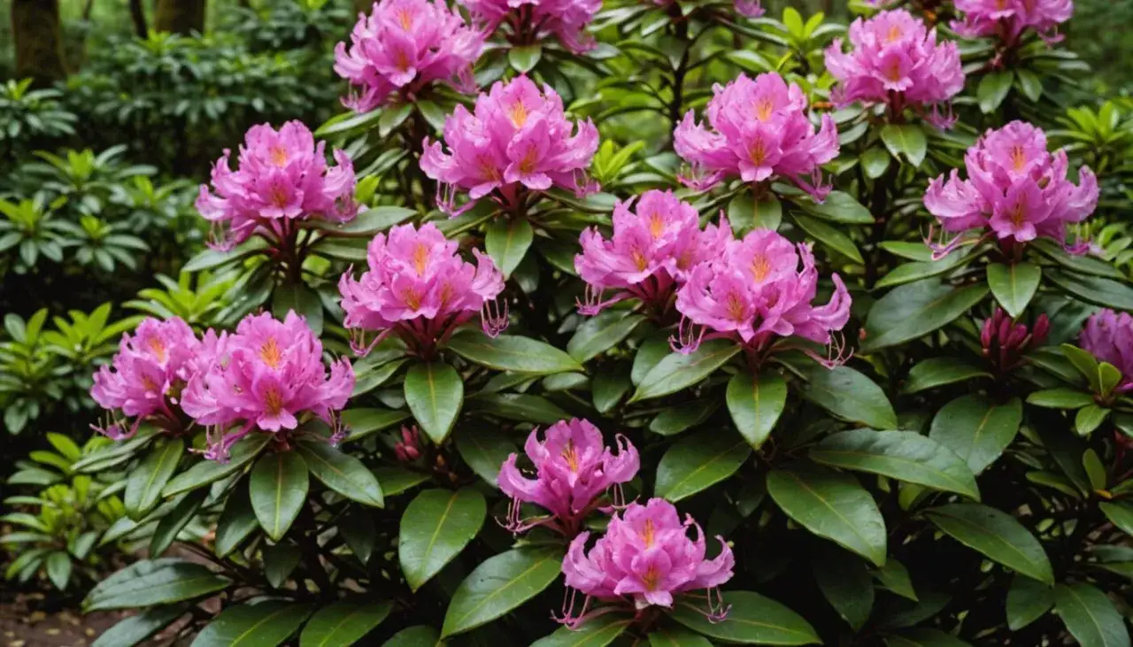 Piękny rododendron w pełnym rozkwicie. Kwitnie obficie, co świadczy o tym, że ma odpowiednią, kwaśną ziemię.