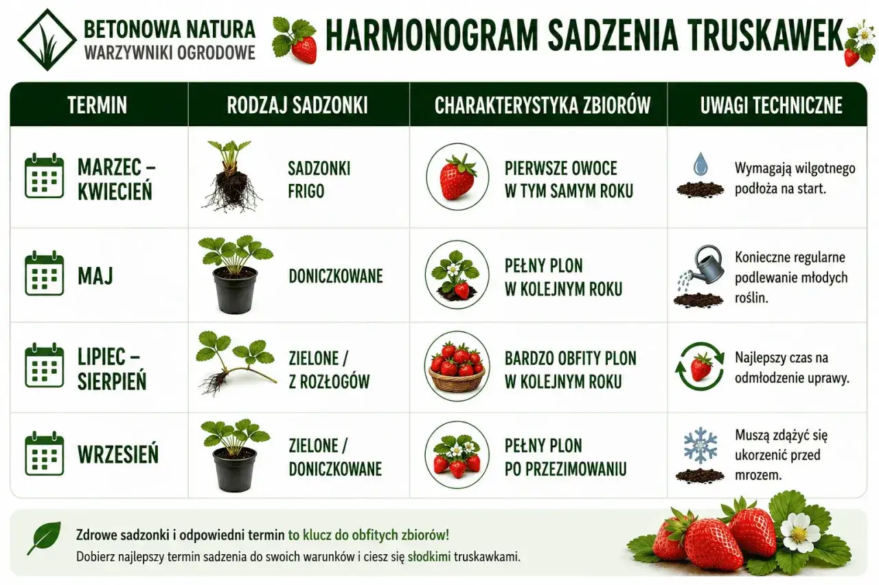 Harmonogram sadzenia truskawek: od sadzonek frigo wiosną po zielone jesienią, by cieszyć się obfitymi zbiorami.