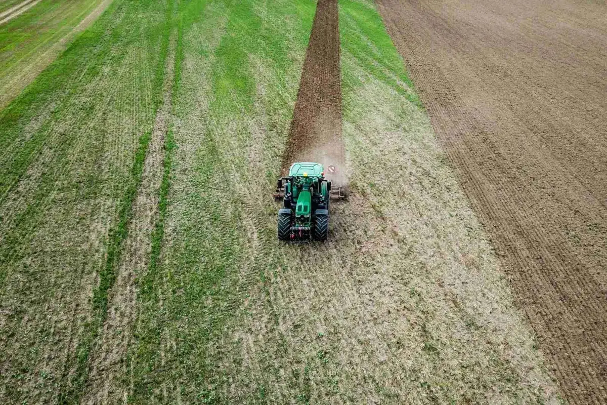 Zielony traktor orze pole, przygotowując ziemię pod nowe zasiewy. Praca na roli to walka z naturą, a antychwast to klucz do sukcesu.