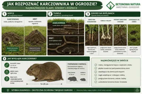 Karczownik w ogrodzie: niskie, nieregularne kopce, płytkie tunele, podgryzione korzenie. Zwierzę ma krępe ciało, tępy pysk, małe uszy, ciemnobrązowe futro.