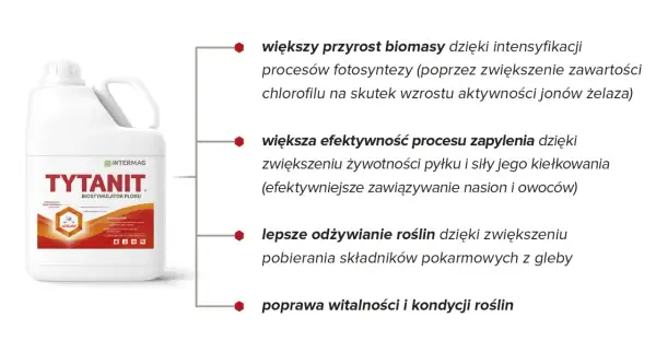 Butelka biostymulatora plonu TYTANIT. Zwiększa przyrost biomasy, efektywność zapylenia, odżywianie roślin i poprawia ich kondycję.