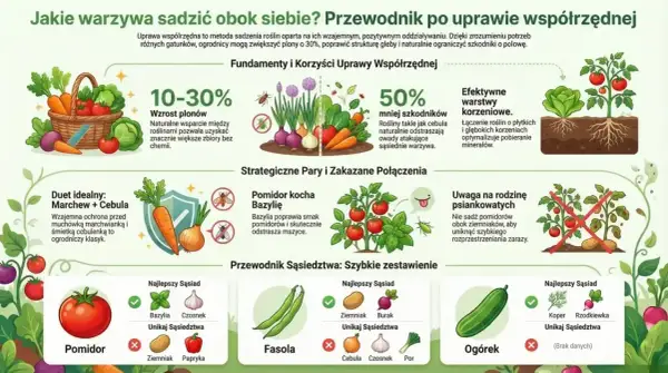 Przewodnik po uprawie współrzędnej: jak sadzić warzywa obok siebie, by zwiększyć plony i ograniczyć szkodniki. Ilustracje pokazują dobre i złe połączenia roślin.