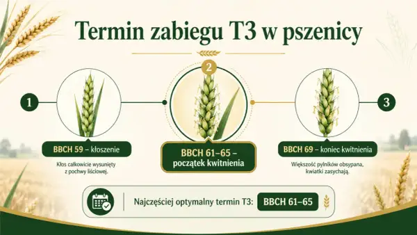 Grafika pokazuje etapy rozwoju kłosa pszenicy, od kłoszenia (BBCH 59) do końca kwitnienia (BBCH 69), z zaznaczonym optymalnym terminem zabiegu T3: BBCH 61-65.